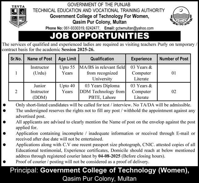 Government College Of Technology For Women GCCT Jobs 2025