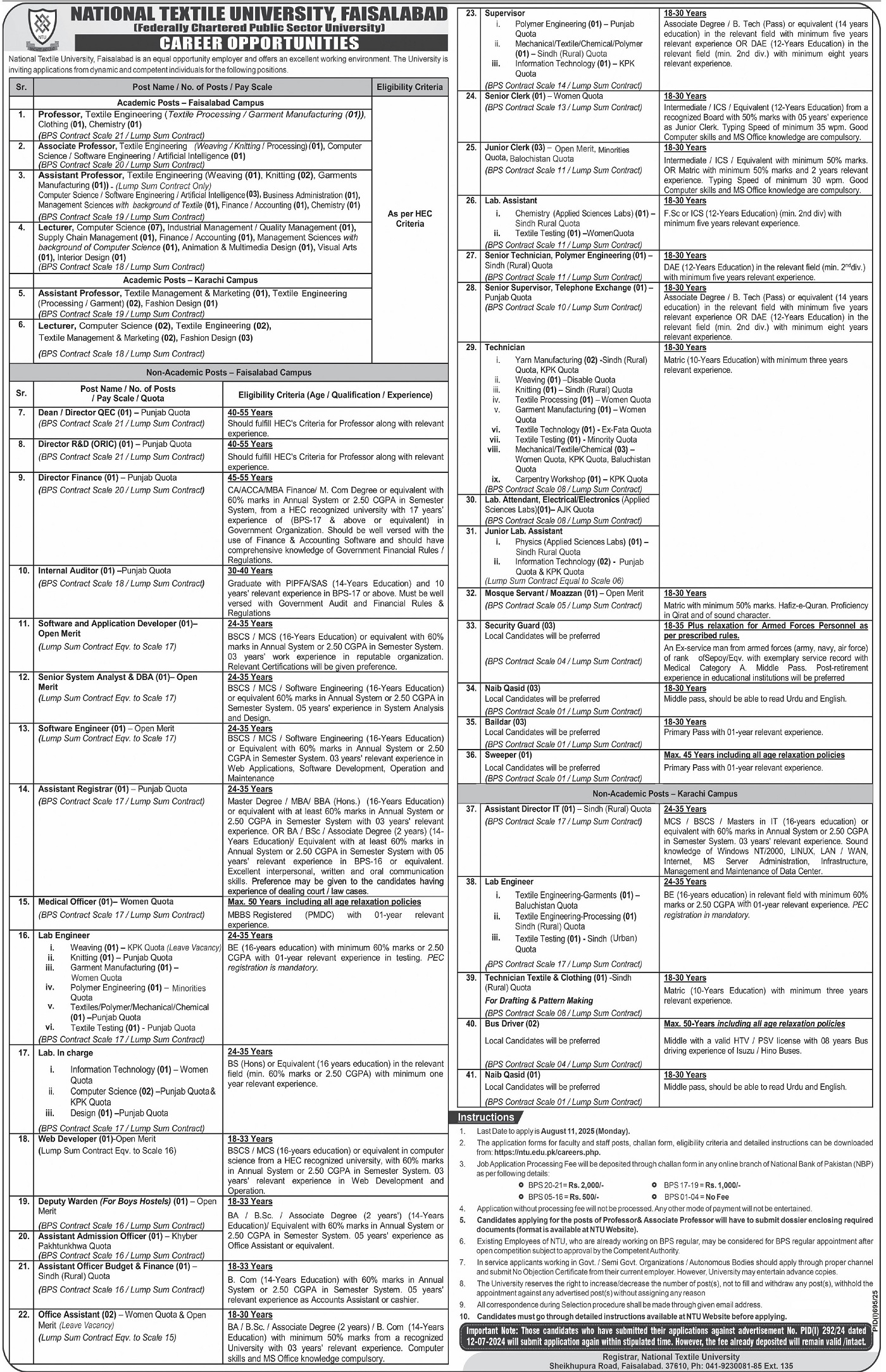 National Textile University NTU Faisalabad Jobs 2025