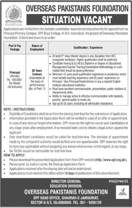 Overseas Pakistanis Foundation OPF Apply Jobs 2025