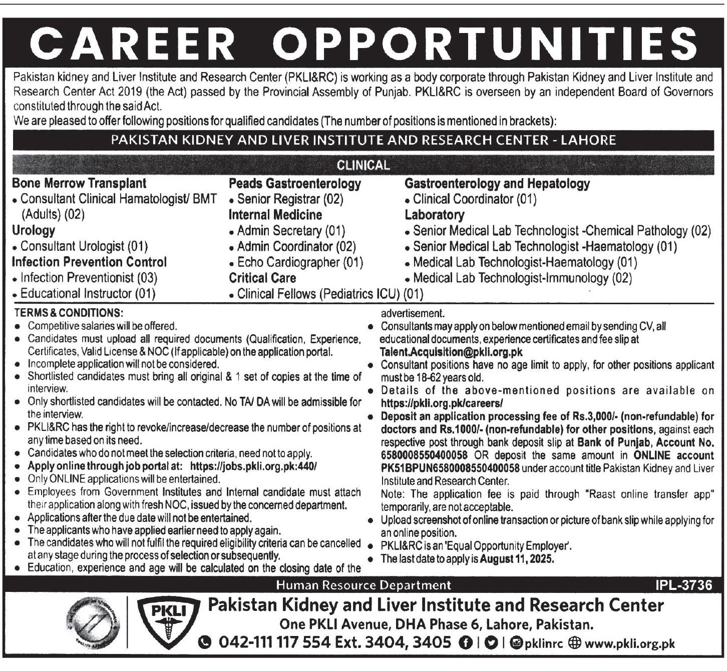 Pakistan Kidney Liver Institute Research Centre Jobs 2025