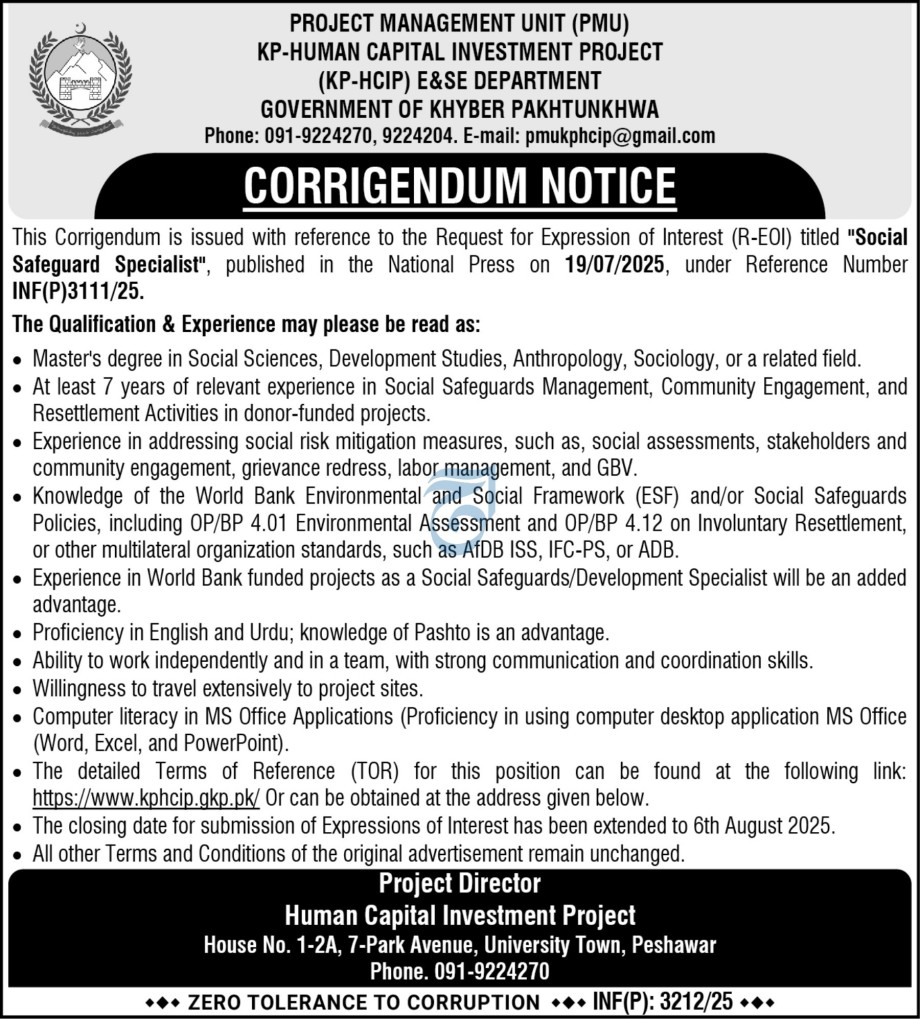 Project Management Unit PMU Peshawar Jobs 2025