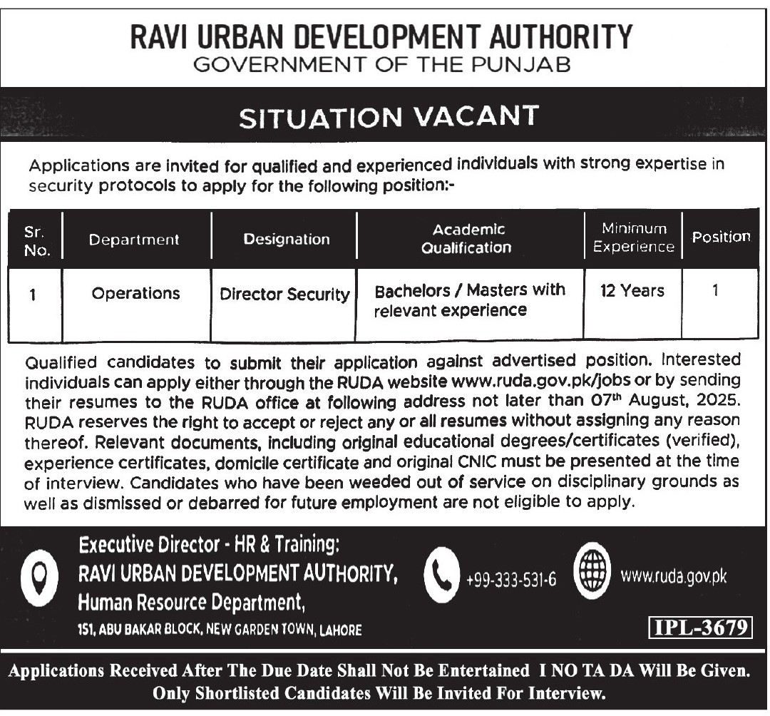 Ravi Urban Development Authority RUDA Lahore Jobs 2025