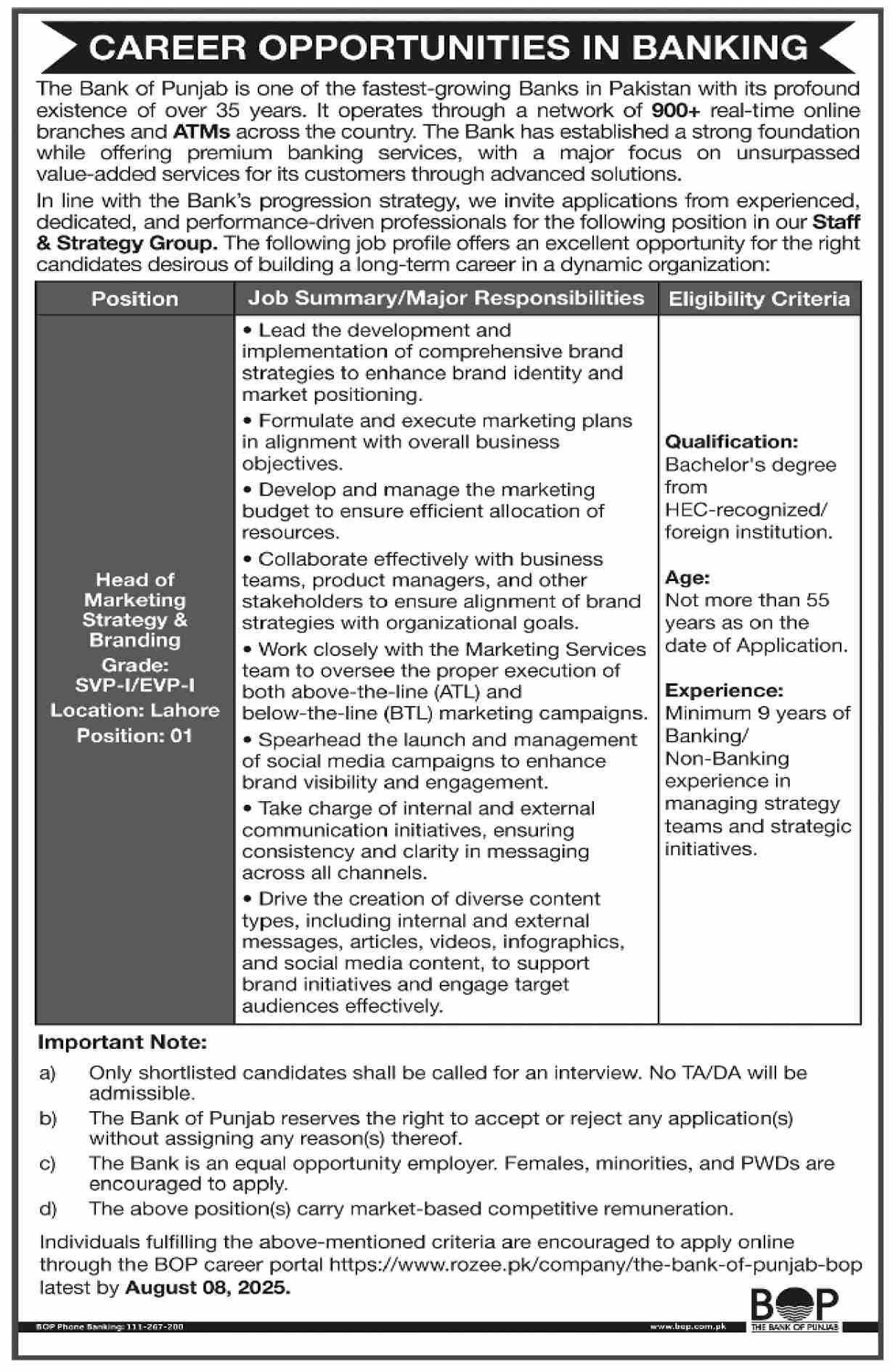 The Bank Of Punjab BOP Lahore Jobs 2025