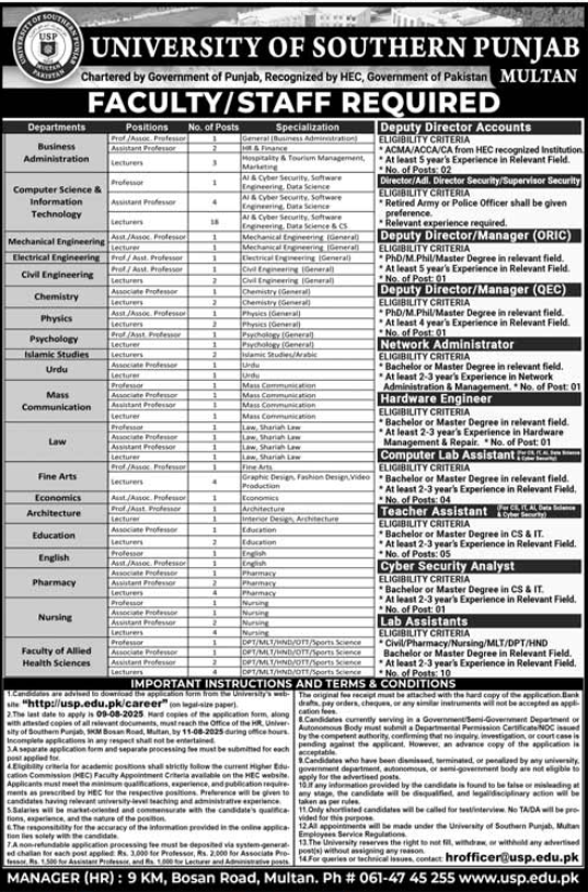 University Of Southern Punjab Apply Jobs 2025