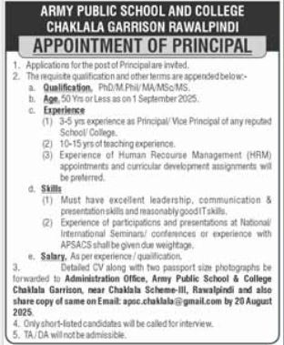 Army Public School College APSC Apply Jobs 2025
