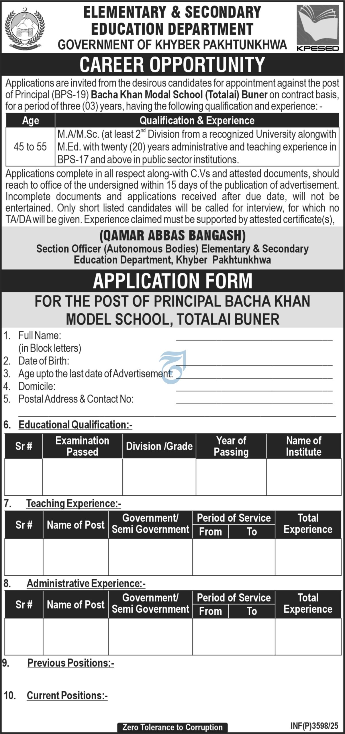 Elementary And Secondary Education Department Buner Jobs 2025