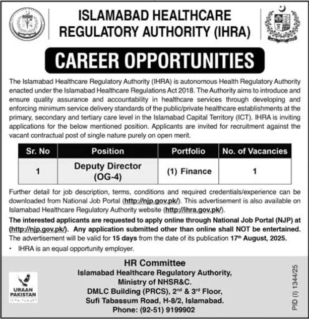 Islamabad Healthcare Regulatory Authority IHRA Apply Jobs 2025