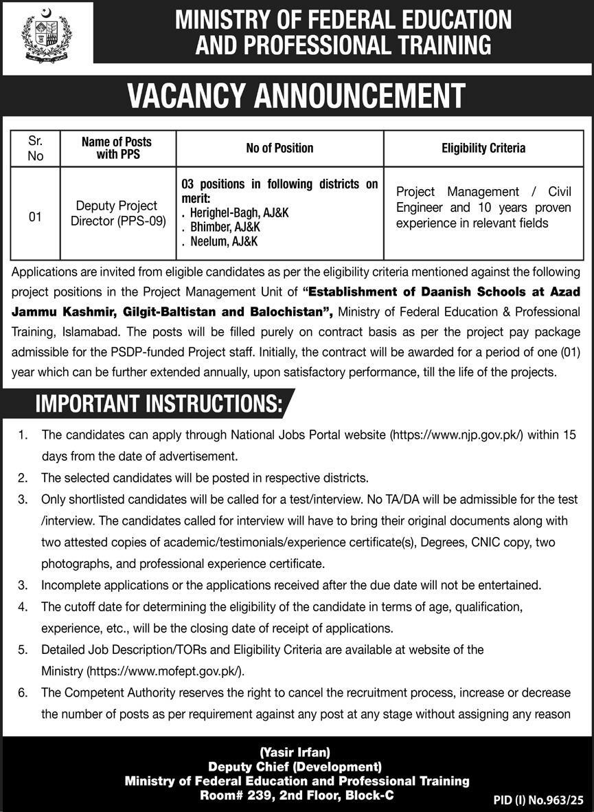 Ministry Of Federal Education Professional Training Jobs 2025