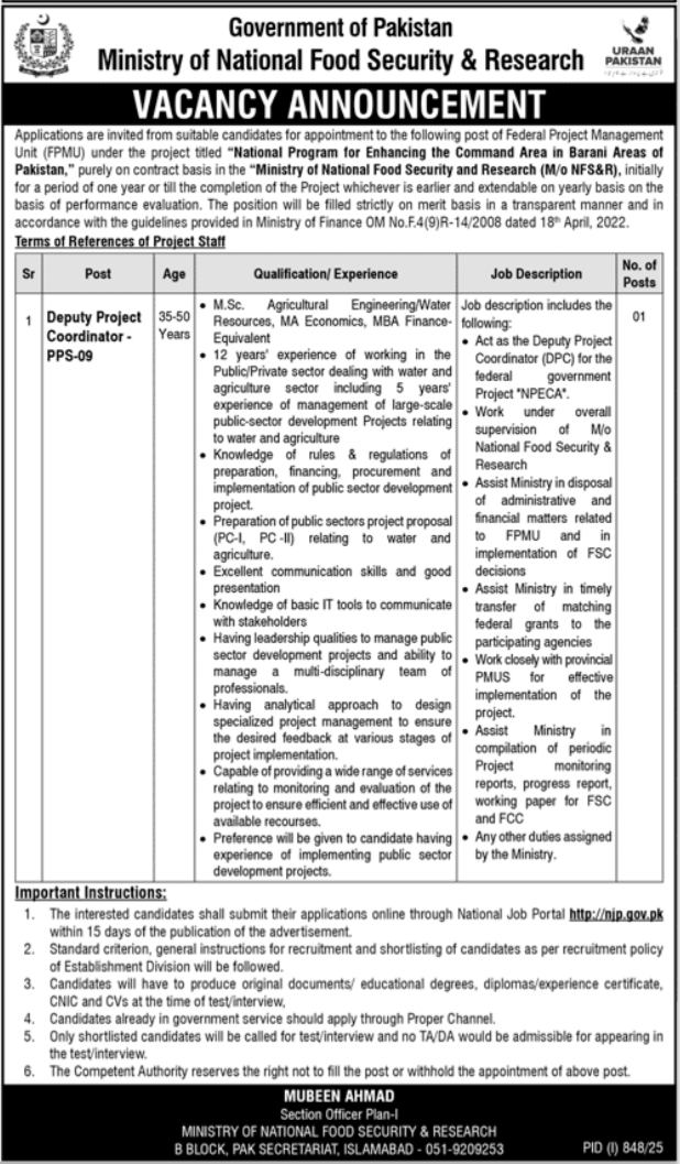 Ministry Of National Food Security Research Jobs 2025