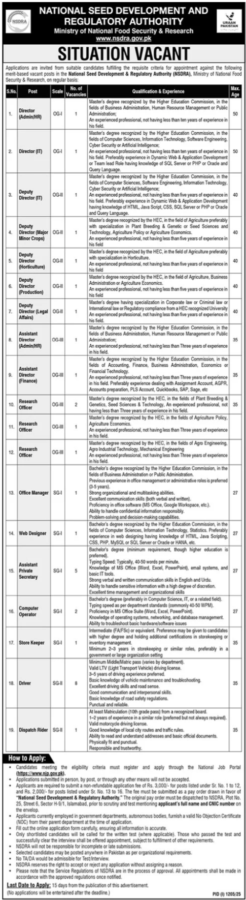NSDRA National Seed Development Regulatory Authority Jobs 2025
