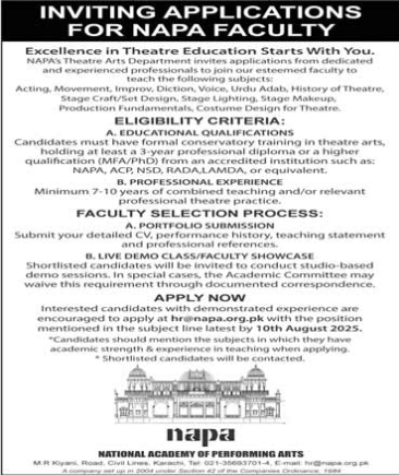 National Academy Of Performing Arts NAPA Lahore Jobs 2025