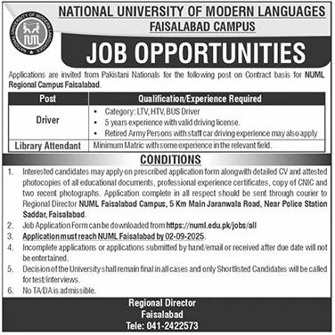National University Of Modern Languages NUML Faisalabad Jobs 2025