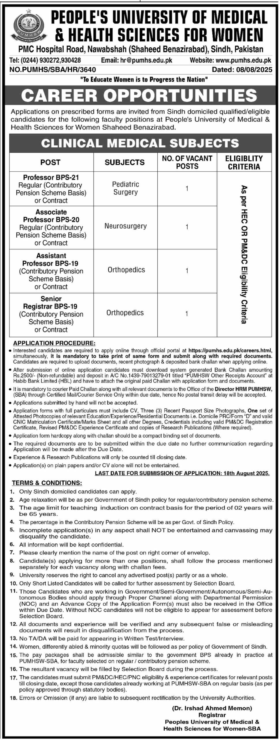 Peoples University Of Medical Health Sciences Jobs 2025