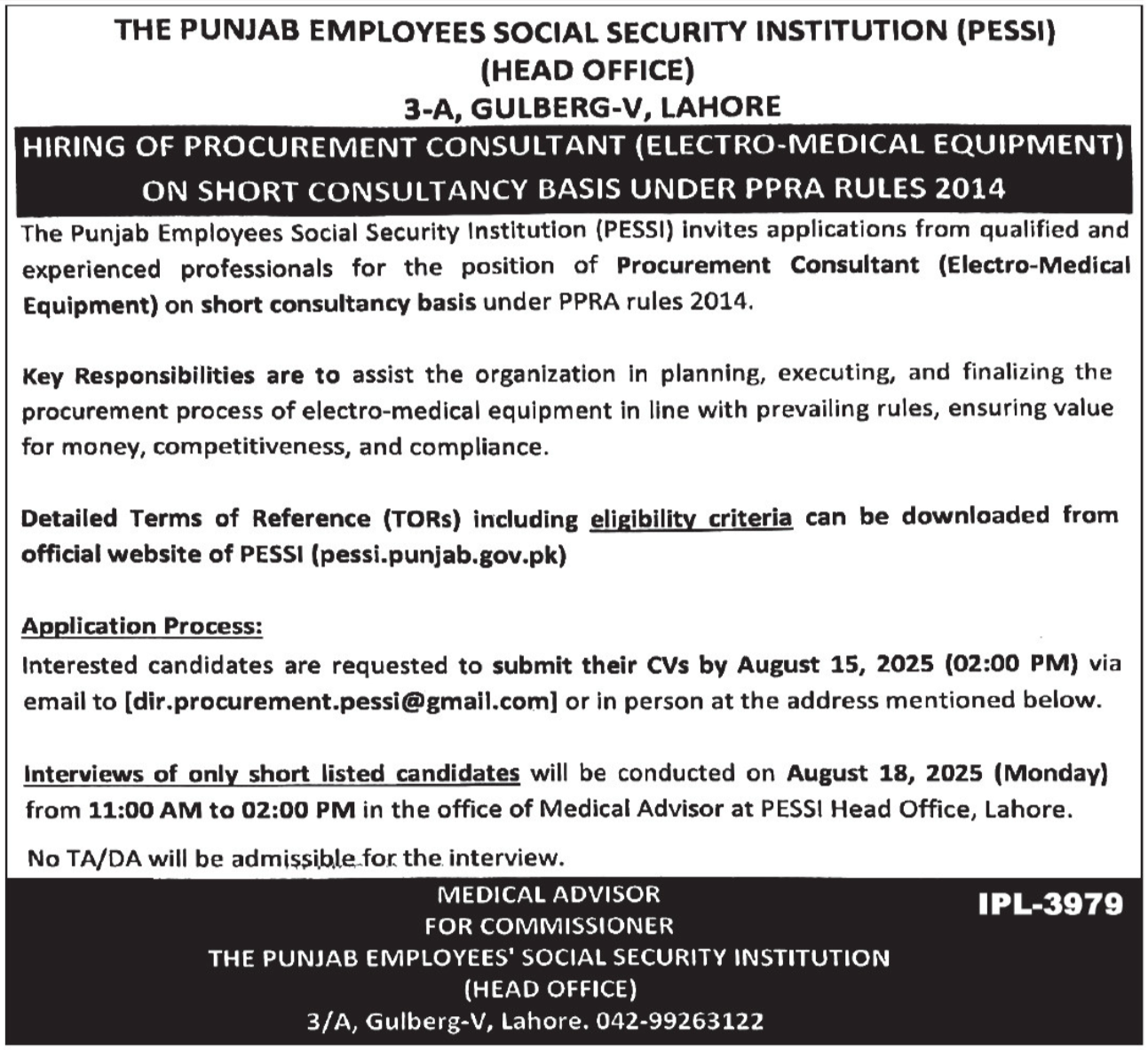 Punjab Employees Social Security Institution PESSI Jobs 2025