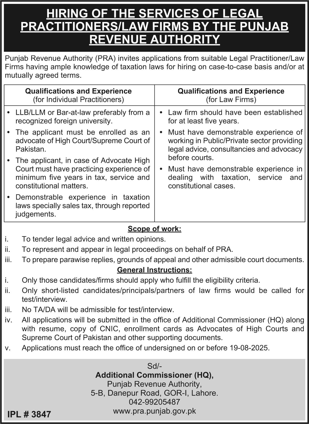 Punjab Revenue Authority Lahore Jobs 2025