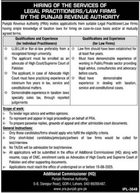 Punjab Revenue Authority Lahore Jobs 2025