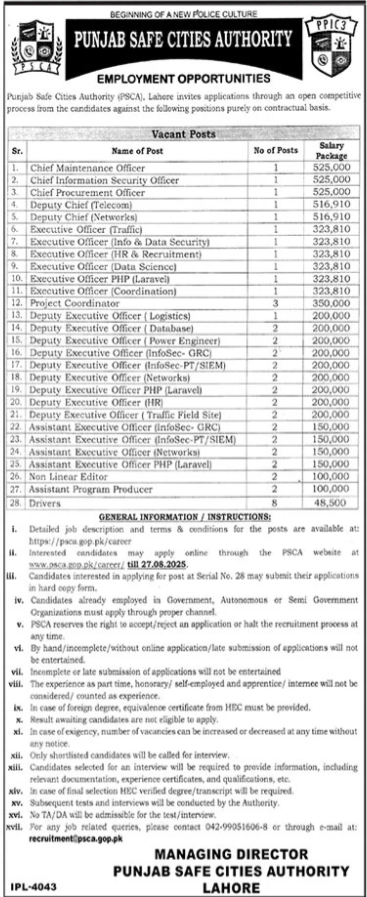 Punjab Safe Cities Authority PSCA Lahore Apply Jobs 2025