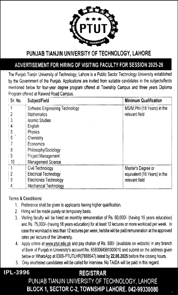Punjab Tianjin University Of Technology PTUT Lahore Jobs 2025