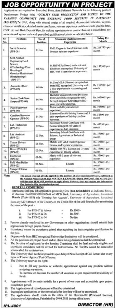 University Of Agriculture UAF Faisalabad Apply Jobs 2025