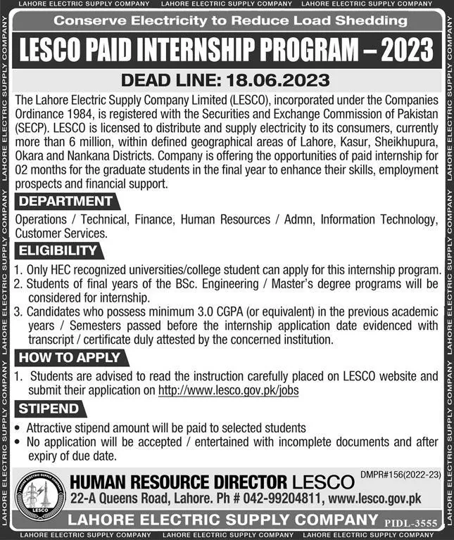 LESCO Jobs 2023 - Lahore Electric Supply Apply Online