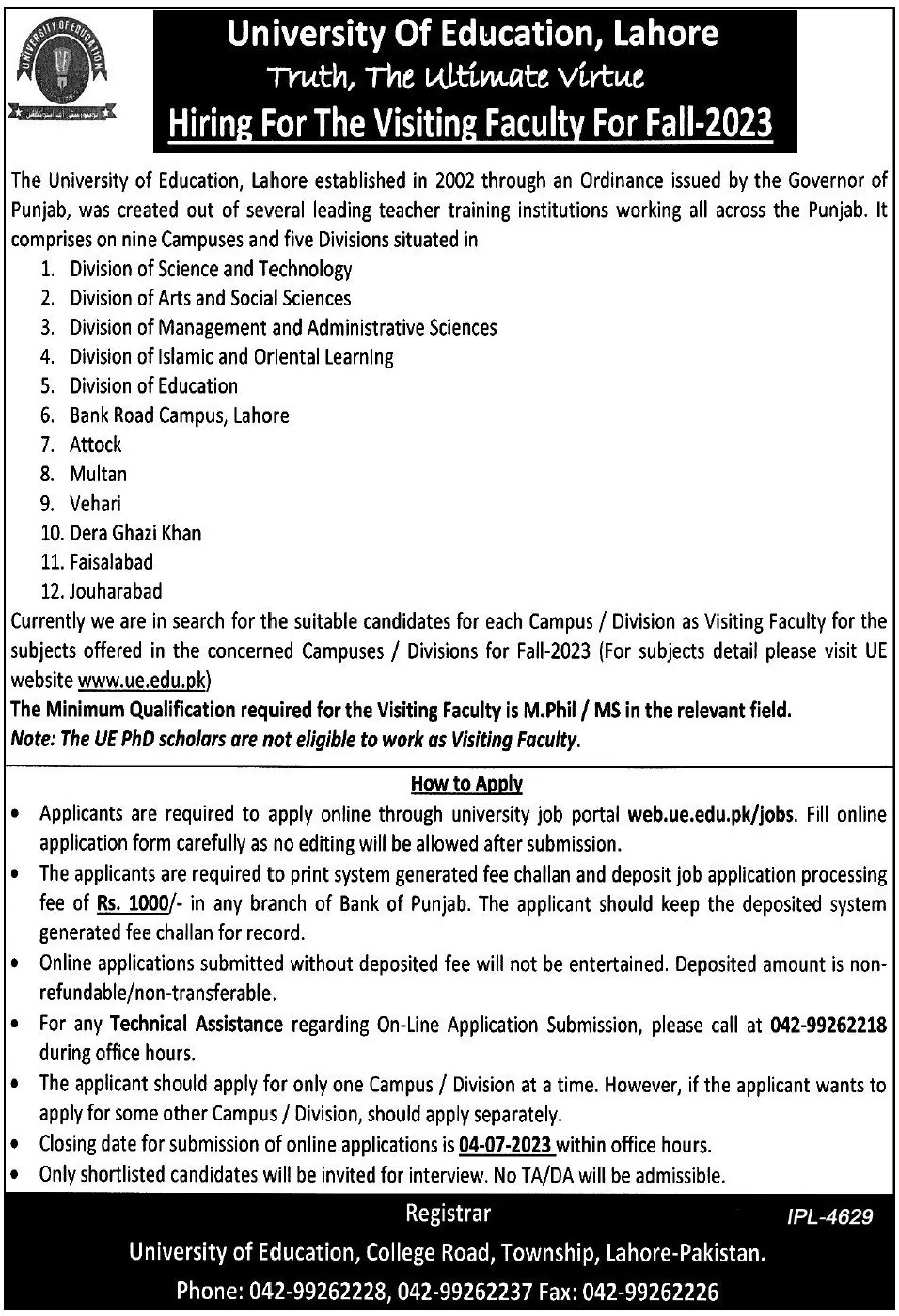 University of Education Jobs 2023 - UE Lahore Visiting Faculty