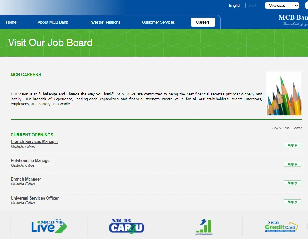 MCB Bank Jobs 2024 Online Apply at www.mcb.com.pk