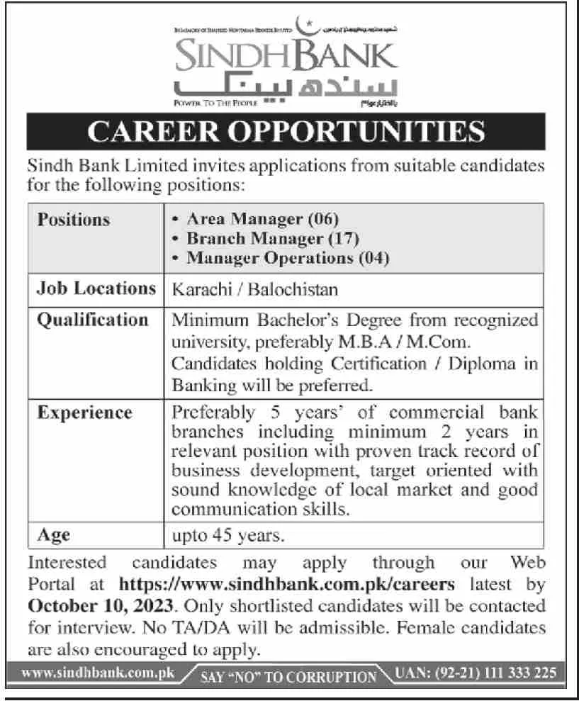 Sindh Bank Jobs Advertisement 2023 - Career Application