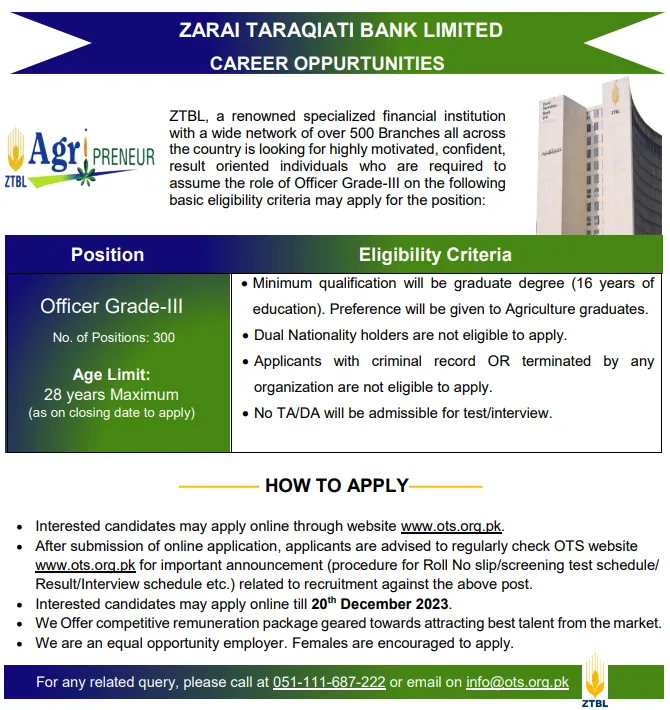 Zarai Taraqiati Bank Limited ZTBL Jobs 2024 Online Apply